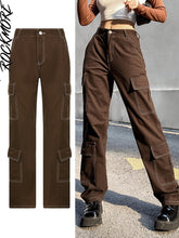 Load image into Gallery viewer, Rockmore Brown Vintage Baggy Jeans Women 90s Streetwear Pockets Wide Leg Cargo Pants Low Waist Straight Denim Trousers 2021