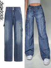 Load image into Gallery viewer, Rockmore Brown Vintage Baggy Jeans Women 90s Streetwear Pockets Wide Leg Cargo Pants Low Waist Straight Denim Trousers 2021