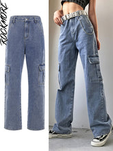 Load image into Gallery viewer, Rockmore Brown Vintage Baggy Jeans Women 90s Streetwear Pockets Wide Leg Cargo Pants Low Waist Straight Denim Trousers 2021