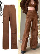 Load image into Gallery viewer, Rockmore Brown Vintage Baggy Jeans Women 90s Streetwear Pockets Wide Leg Cargo Pants Low Waist Straight Denim Trousers 2021