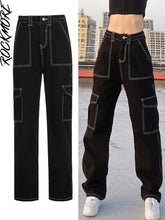 Load image into Gallery viewer, Rockmore Brown Vintage Baggy Jeans Women 90s Streetwear Pockets Wide Leg Cargo Pants Low Waist Straight Denim Trousers 2021